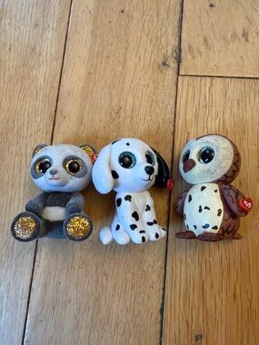 Ty Beanie Boo Mini Trio - Gray Panda, White Dalmatian & Brown Owl